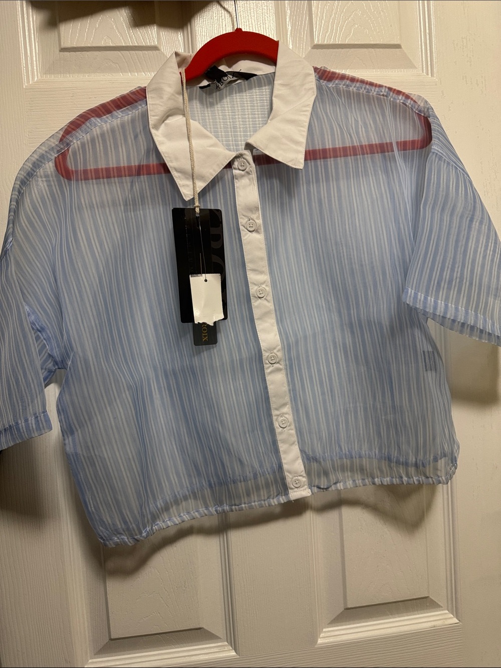 Girls Light Blue Striped Button-Up Top with White Collar